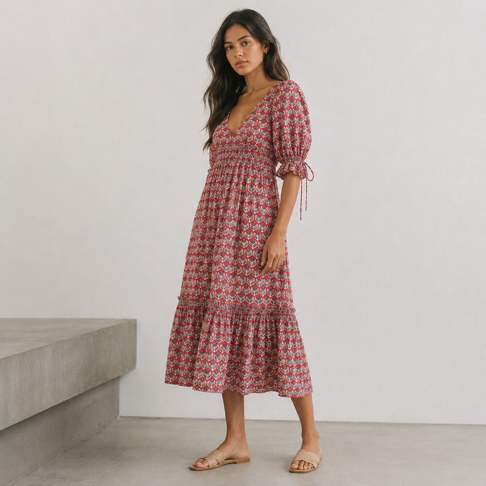 Eddy Hayley Red Floral Print Puff Sleeve Cotton Tiered Midi Dress, size L